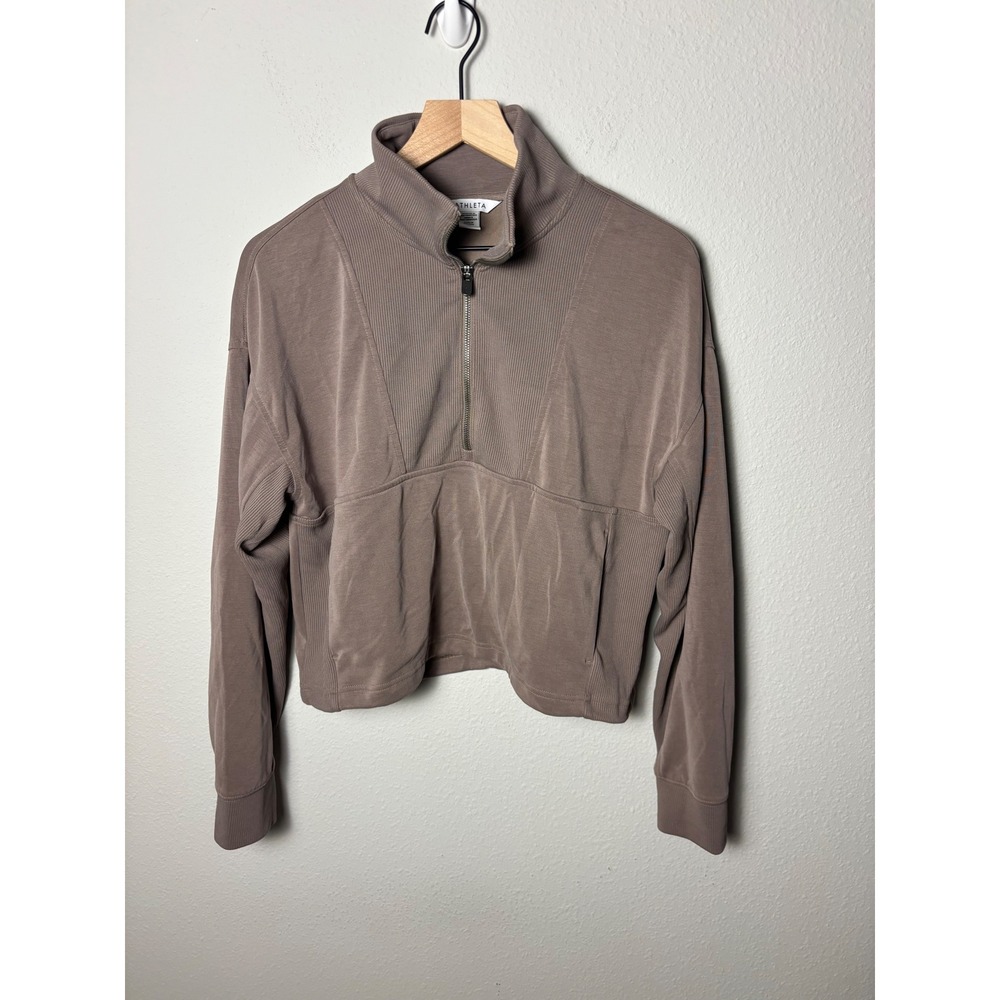 Athleta Seasoft Rib 1/4 Zip Popover Taupe Brown Pullover Sweatshirt Medium